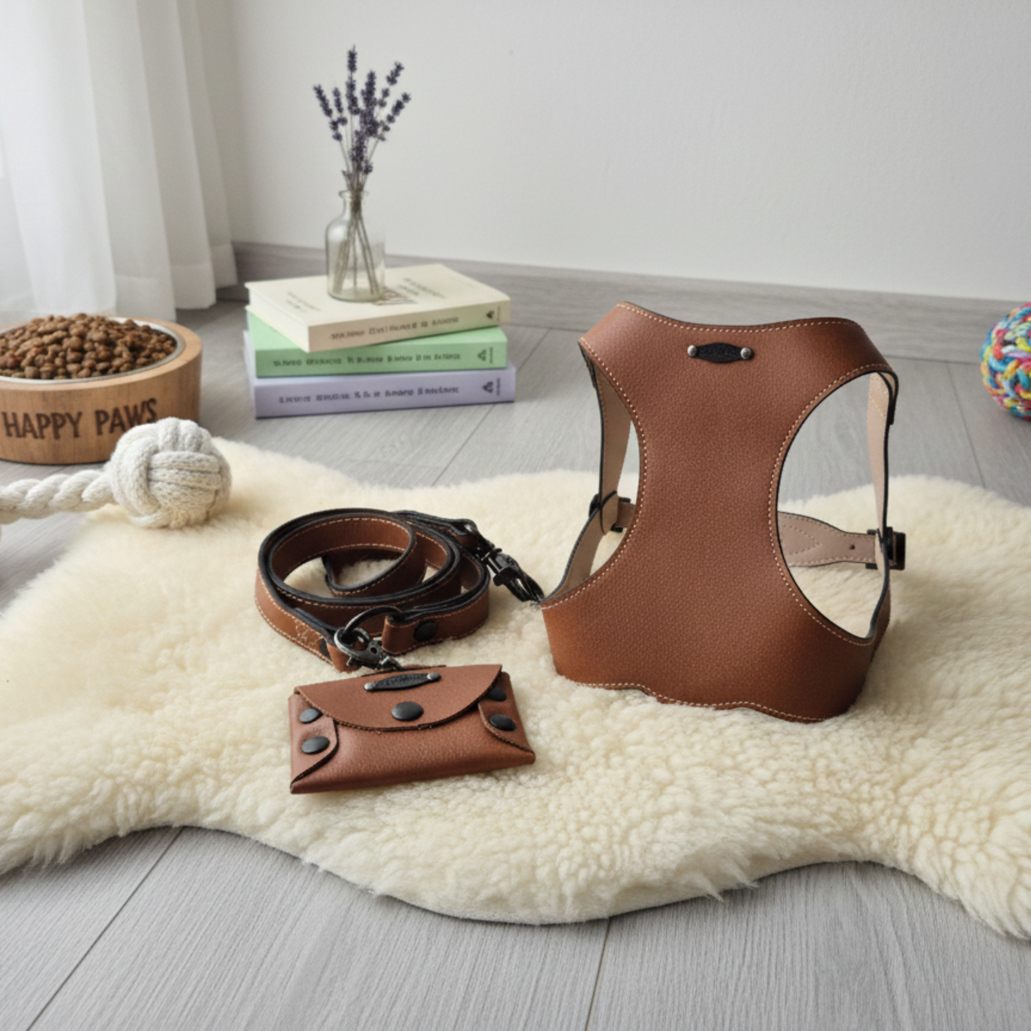 Set Pettorina e Guinzaglio in Pelle con Porta Sacchetti
